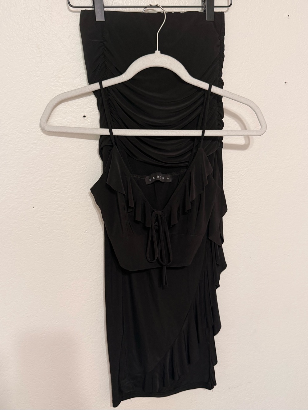 Black Asymmetrical Ruffle Tie-Front Set